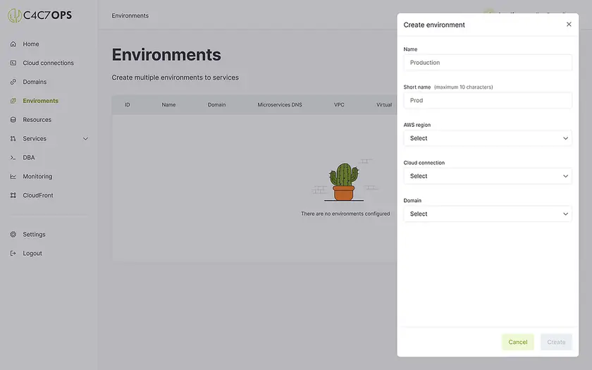 Crear un ambiente desde la consola de C4C7OPS - imagen 2