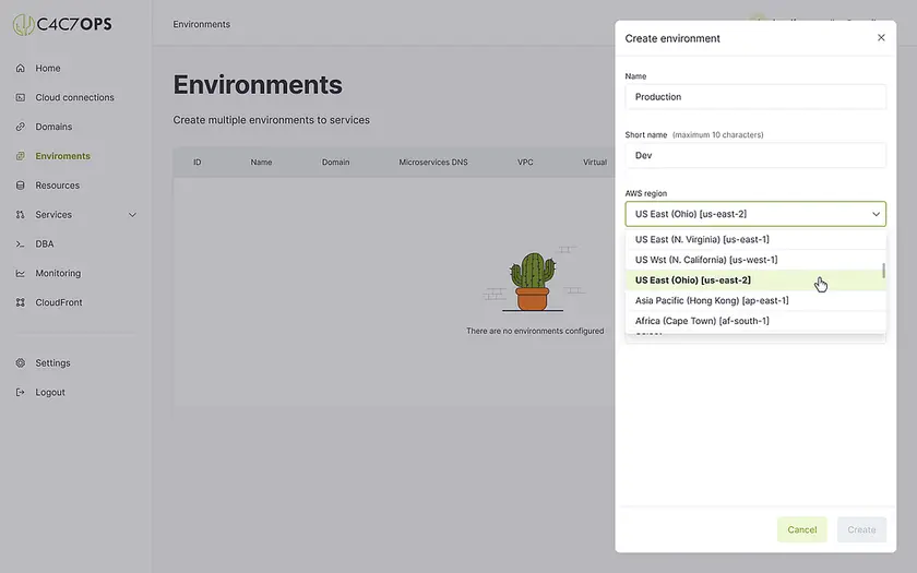 Crear un ambiente desde la consola de C4C7OPS - imagen 3
