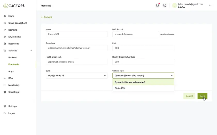 Despliega un repositorio frontend utilizando la consola de C4C7OPS - imagen 2